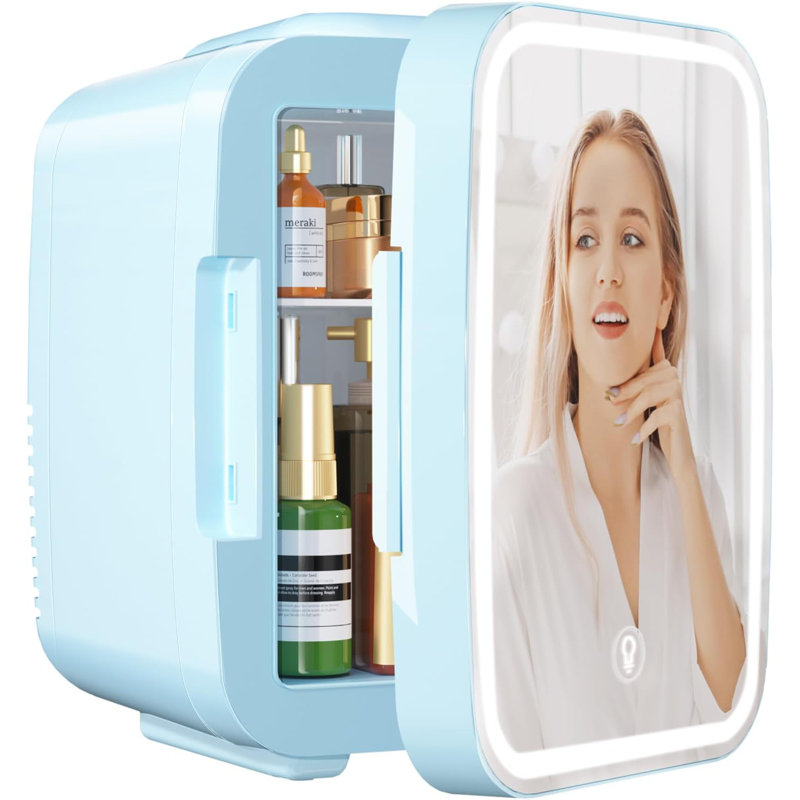 Mini réfrigérateur pour la chambre à coucher avec miroir à DEL à intensité variable YASHE Skincare, Bleu