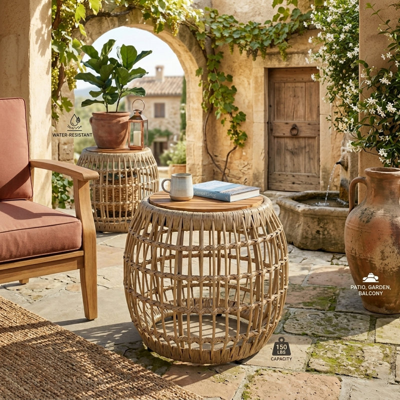 Table d'appoint ronde en bois d'acacia de 16 po avec base en osier tissé à la main et finition brun clair