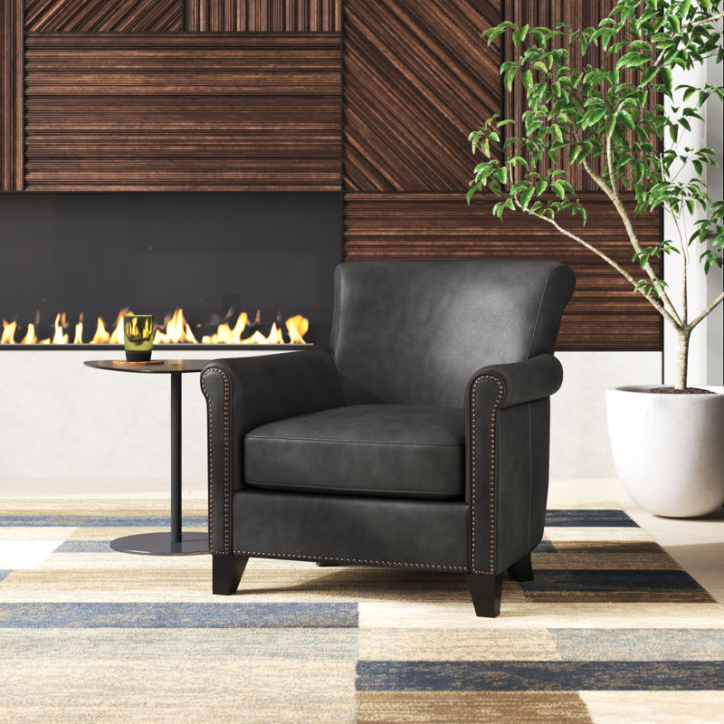 Rael 31.5"W Genuine Top-Grain Leather Accent Chair with Nailhead Trim and Espresso Wood Legs, Gray