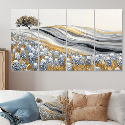 «Grey and White Meadow with Blue Bonnets Flowers II», ensemble d'art mural sur toile de paysages abstraits
