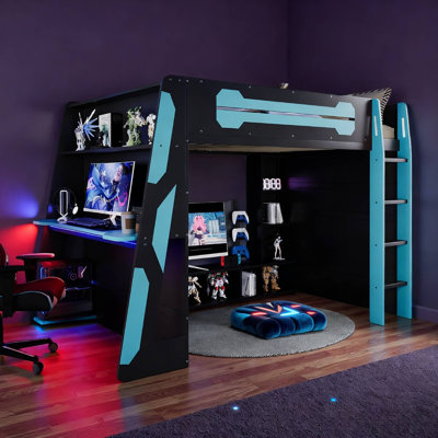 Modern Two-tone Loft Bed With Computer Desk, Rgb Lights, Entertainment Center And Storage Shelves