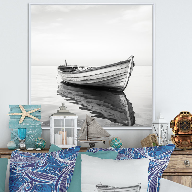 Bateau de pêche noir et blanc minimalisme sur toile, H 16 po x l 16 po, Cadre flottant blanc