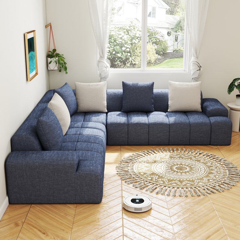 108" Compression Chenille Frameless L-Shaped 3-Piece Cloudy Upholstered Corner Sectional with 6 Throw Pillows,No Assembly Required