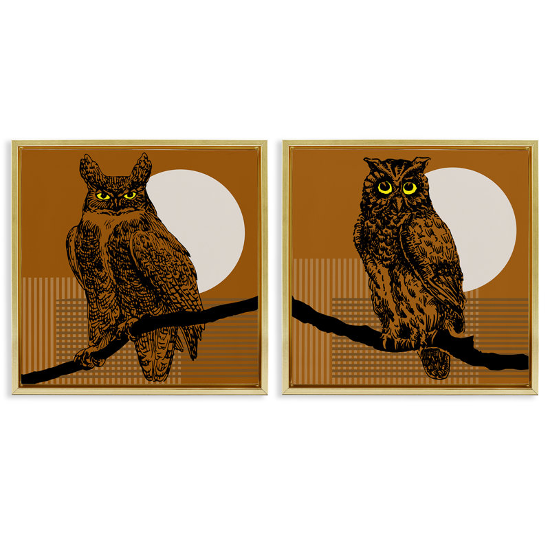 «Full Moon Owls on Branch», ensemble de 2 toiles flottantes encadrées par Regina Moore, Cadre flottant métallique doré
