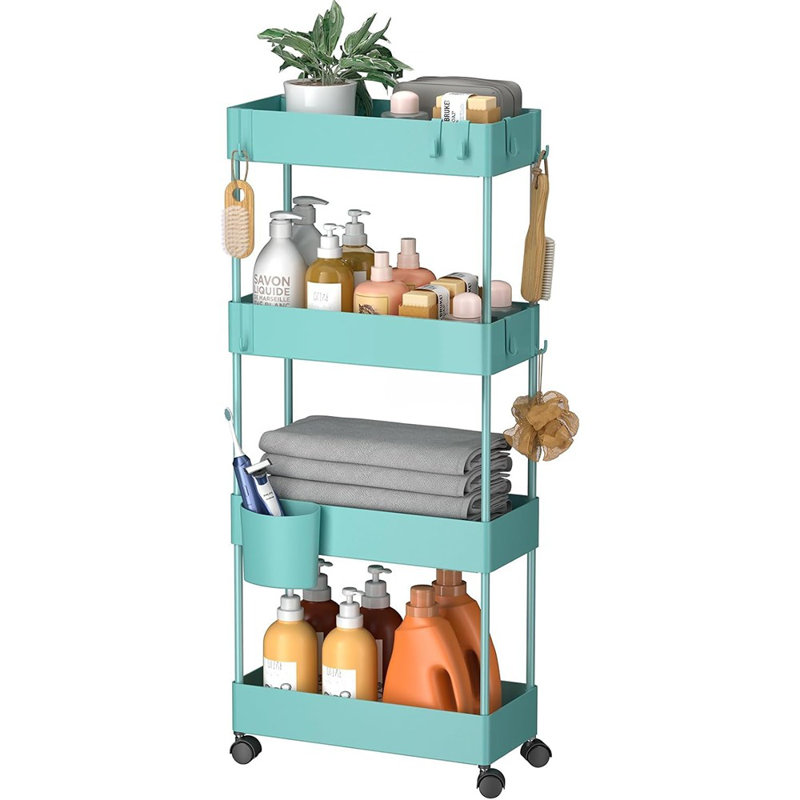 Chariot de rangement mince avec roulettes, chariot de rangement à 4 niveaux pour la salle de bain