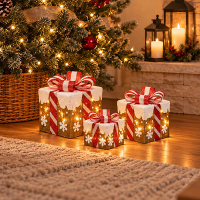 Ensemble de 3 boîtes-cadeaux lumineuses décoratives de Noël avec motif de pain d'épices