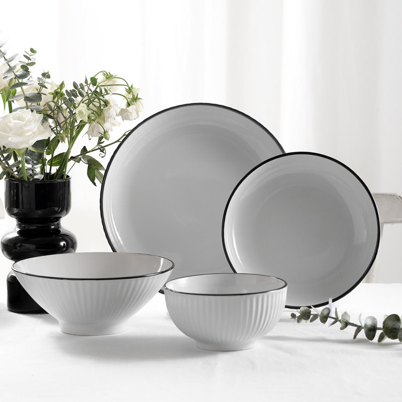 White Ribbed Ceramic 32-Piece Dinnerware Set, Service for 8