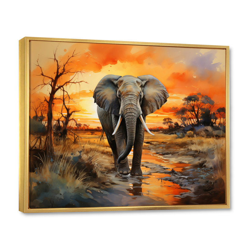 Éléphant d'Afrique, prairies II sur toile, H 30 po x l 40 po x P 1,5 po, Cadre flottant doré
