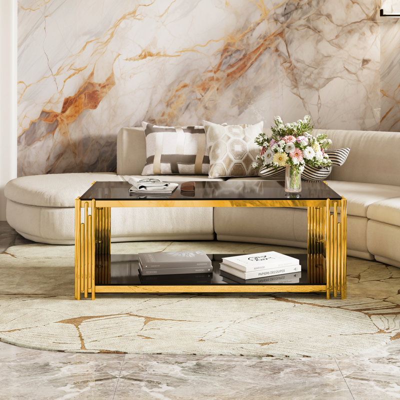 Table basse moderne à miroir noir avec structure asymétrique en métal, Noir