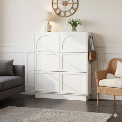 Elegant Modern Narrow Shoe Cabinet With Six Flip-Out Drawers, Space-Efficient Design, Cream Finish Entry Organizer With Adjustable Shelf, Standalone Rack With Three Silver-Toned Hooks, White Finish