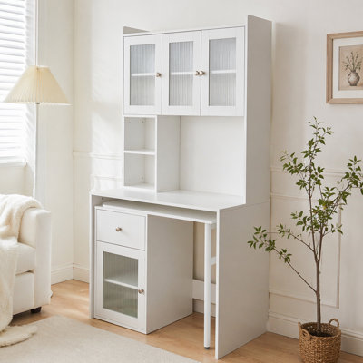 Bureau d'ordinateur avec porte vitrée pour bureau à domicile ou bureau d'étude, bibliothèque et huche, bureau d'ordinateur avec bureau rotatif à 90 degrés, grand espace de travail