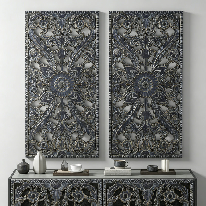 Home Decor, Wall Decor, Modern Decor, Distressed Carved Wood 2 Piece, Antique Blue