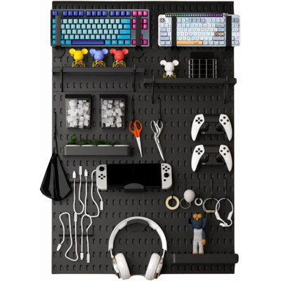 Organisateur de panneau mural perforé pour installation de jeu, panneau perforé avec adhésifs et supports à vis noir, 33 po x 22 po