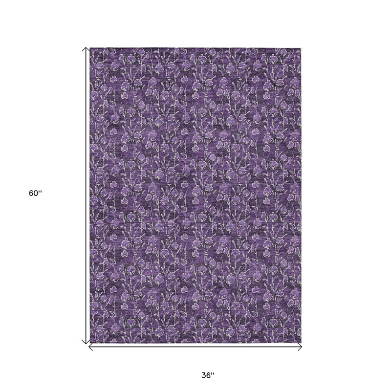 3' X 5' Purple Eggplant And Ivory Floral Washable Indoor Outdoor Area Rug