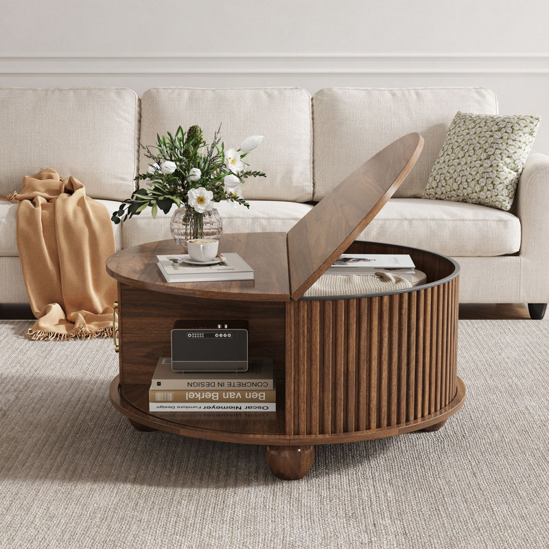 31.5" Round Coffee Table with Storage, Walnut