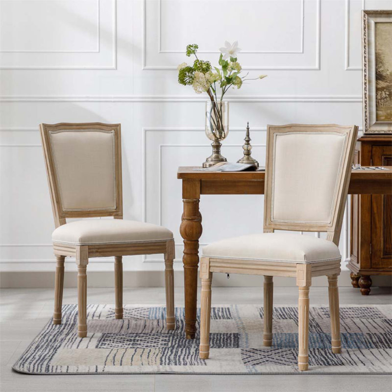 French Style Solid Wood Frame Linen Fabric Square  Back Dining Chair,Set Of 2