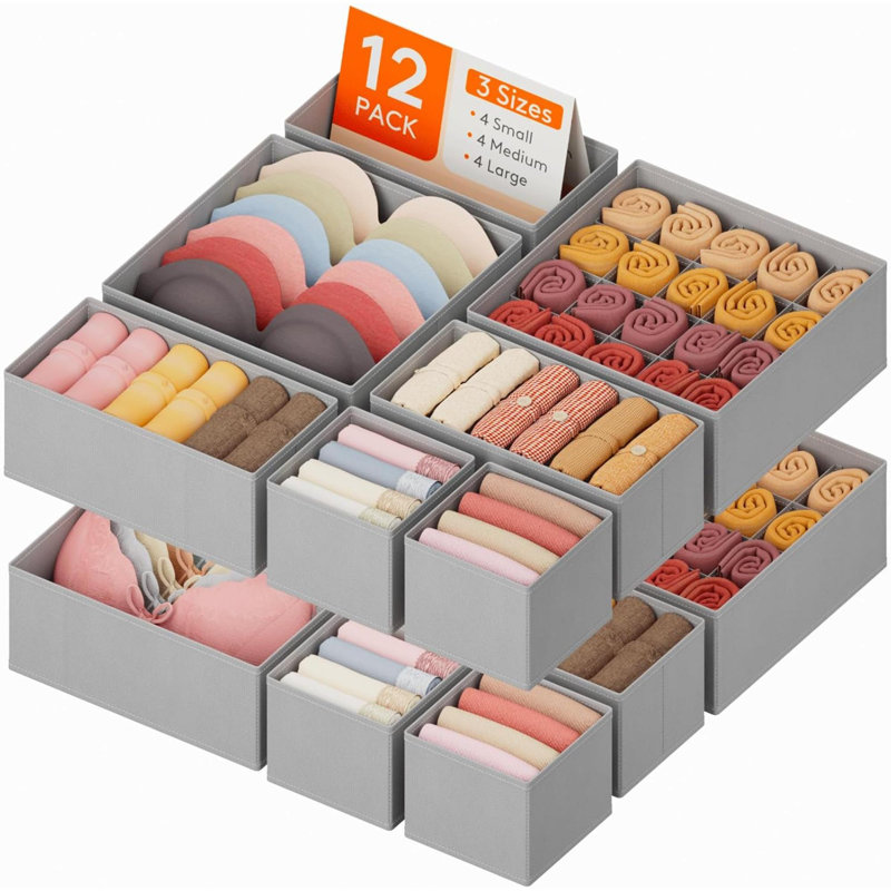 Sous-vêtements, organisateur de tiroir pour placard, paquet de 12, diviseurs de rangement pour commode 3 tailles, bacs de rangement de tiroir pliables en tissu profond pour vêtements, chaussettes, soutien-gorge, lingerie, sous-vêtements