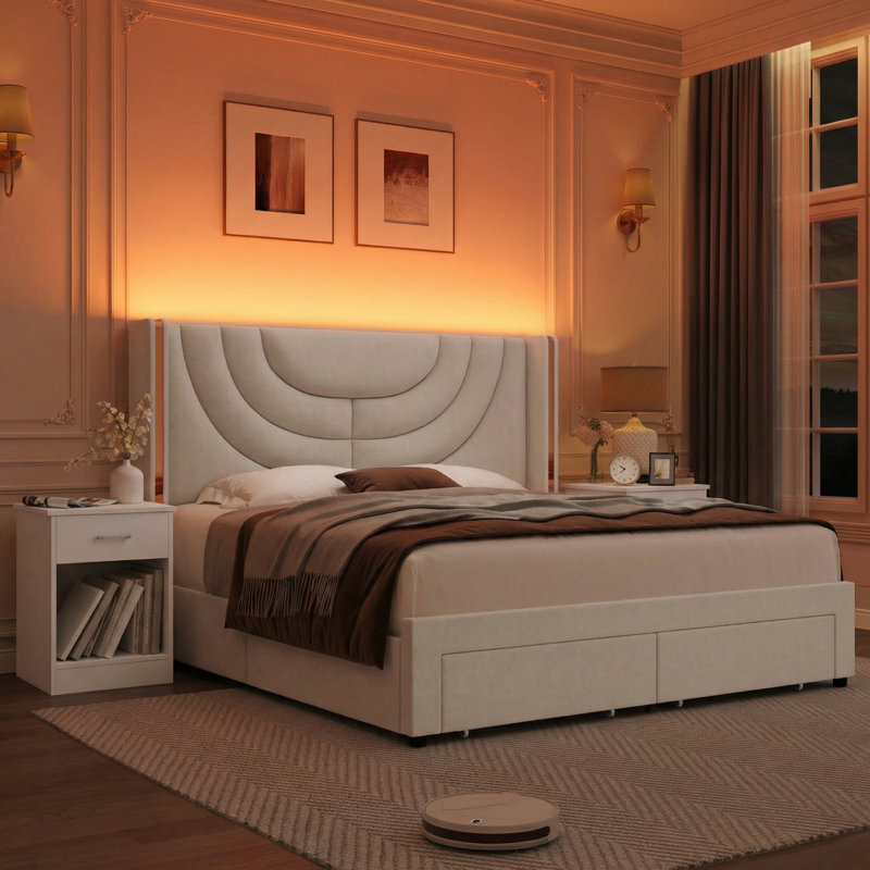 3-Piece Bedroom Set, Ambient Light Upholstered Bed with 2 Drawers & 2 Classic Nightstands, Beige, Queen