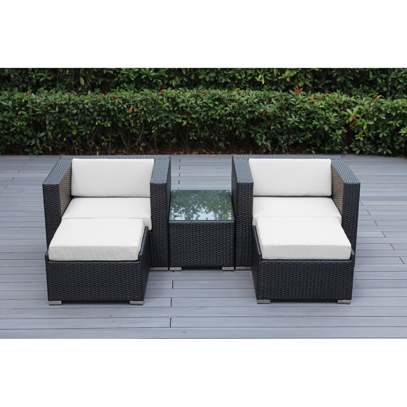 Billyjo Wicker 2 - Person Seating Group with Cushions - No Assembly, Canvas Natural Sunbrella® Canvas, Black