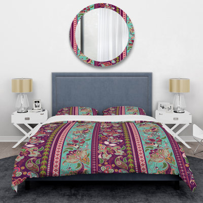 Fleur mauve et verte rayée - ensemble de housse de couette abstrait - microfibre de polyester