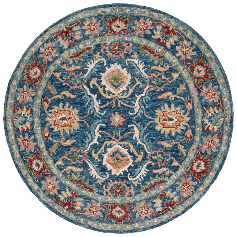 Roshaunda Handtufted Wool Cotton Oriental Rug in Blue/Green, Round 6'