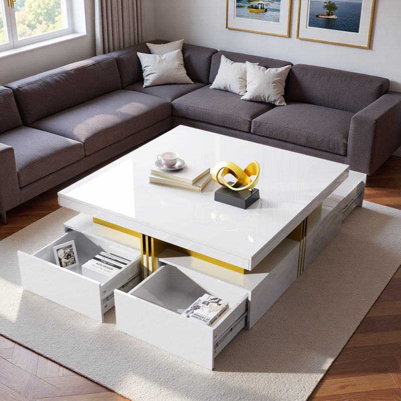Table basse moderne carrée avec 4 tiroirs, Blanc