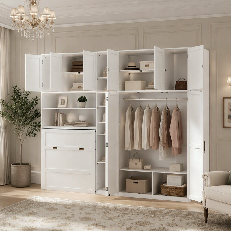 Lit escamotable double avec armoire, rangement et tablettes DEL, Grey