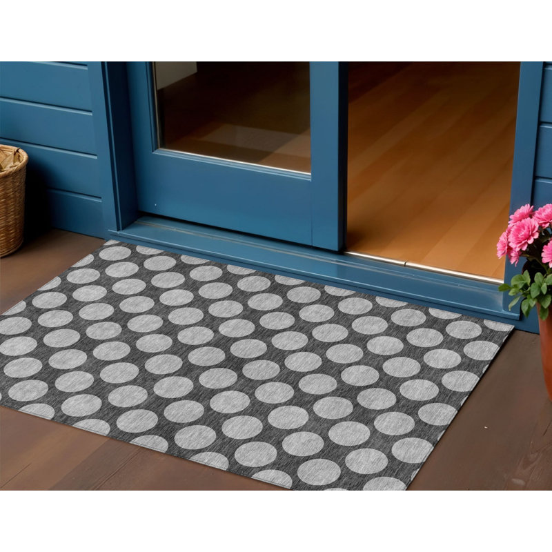 3' X 5' Charcoal And Ivory Polka Dot Washable Indoor Outdoor Area Rug