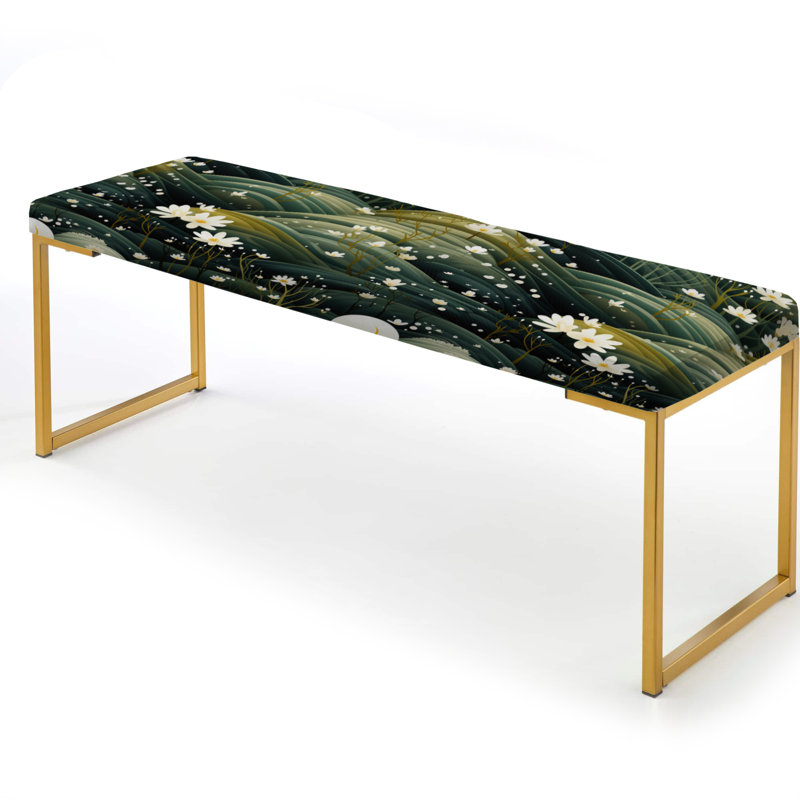 White Zen Flowers Hilltop Sanctuary - Botanical Upholstered Gold Bench