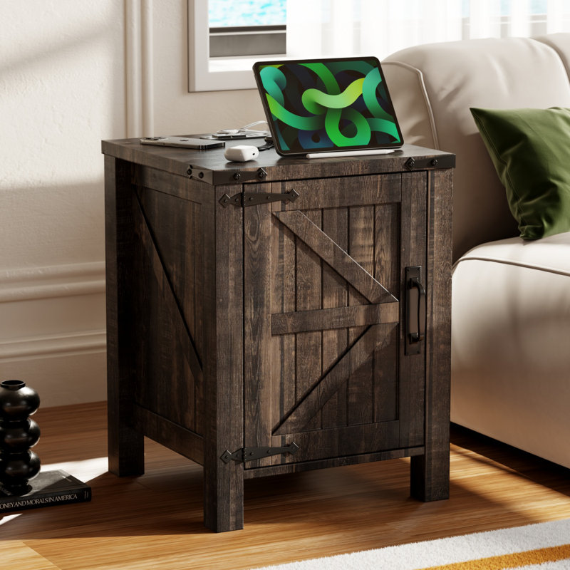 24'' Tall Farmhouse End Table With Charging Station, Wood Nightstand With Adjustable Shelf, Built-in Outlets, Dark Rustic Oak