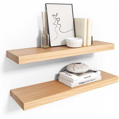 Tablettes flottantes, étagère murale en bois pour décoration rustique, étagère de présentation suspendue pour salle de bain, salon, bois naturel, support invisible, 23,6 po x 6,7 po x 1,6 po, paquet de 2