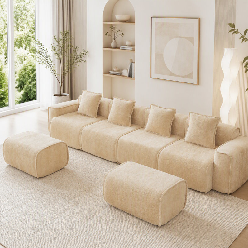 138.58 " Velvet Sofa, 4-Seater & 2-Ottoman, Light Camel