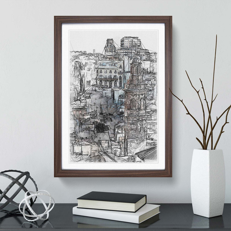 Valencia Skyline in Spain in Abstract - Picture Frame Graphic Art Print, Walnut, 60cm H x 40cm W x 2cm D
