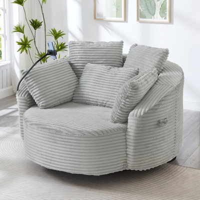 Swivel Corduroy Round Sofa with 5 Throw Pillows and an Adjustable Phone Holder