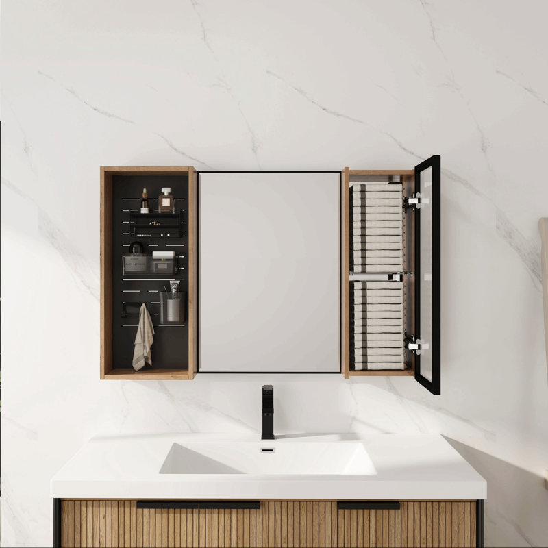 Armoire de toilette 41,6 po avec rangement, armoire à pharmacie murale avec porte miroir, tablettes en verre réglables, contreplaqué