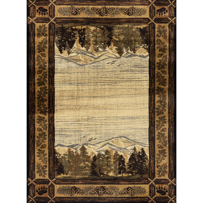 Lodge Area Rug 7'10" X 10'3" - Mountain And Wood Theme Polypropylene Material Stain Floor Pad Pet- Carpet
