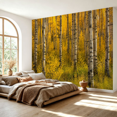 Wall Mural Peel and Stick Wallpaper birch tree autumn aspen forest rocky mountains fall Self-Adhesive Removable Contact Paper Wall Decor for Living Room Bedroom 69"H x 96"W