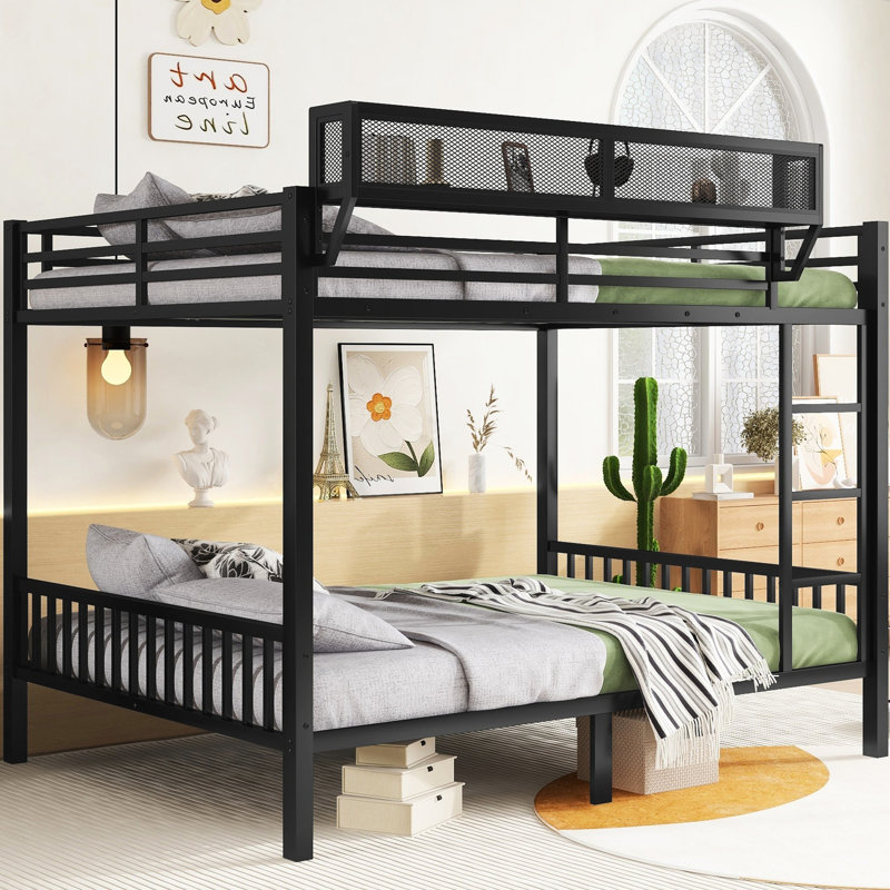Grand lit superposé en métal pour adultes et adolescents, noir, livré avec, tablette de rangement, cadre robuste, bonne stabilité, thermolaqué noir, capacité de 350 lb / 600 lb