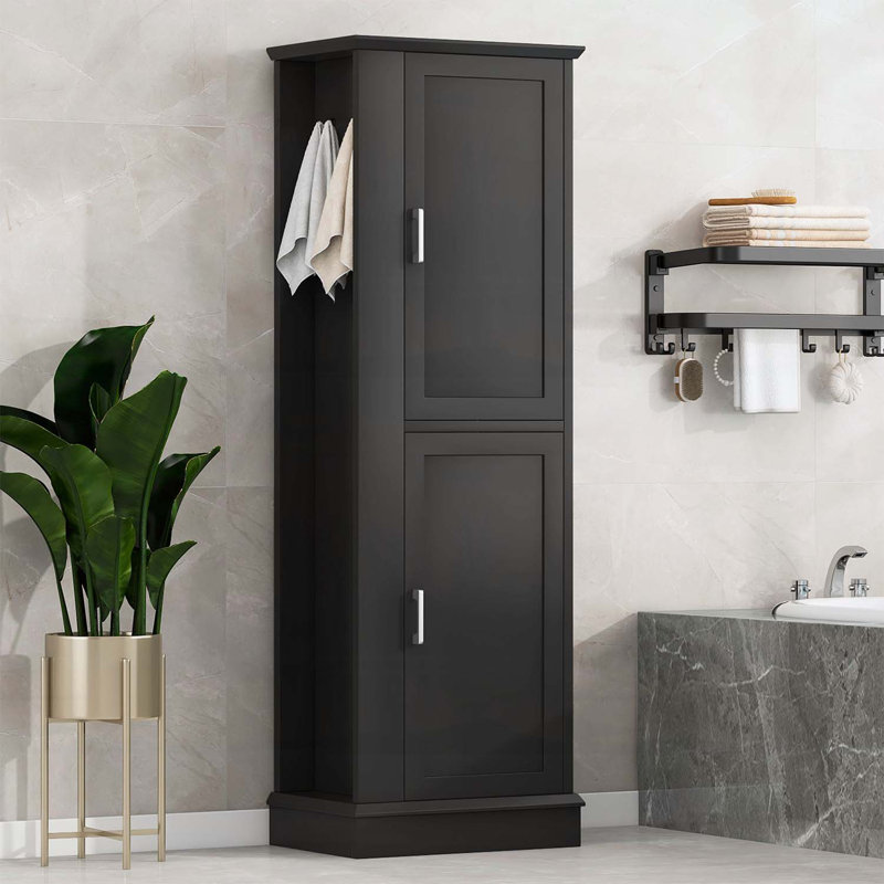Grande armoire de rangement pour salle de bain avec tablettes réglables et crochets, Noir