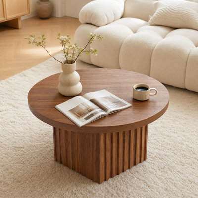 Table basse ronde de 31,5 po, centre de table moderne en bois avec base cannelée pour le salon, table basse moderne en bois de style Mid-Century, assemblage facile