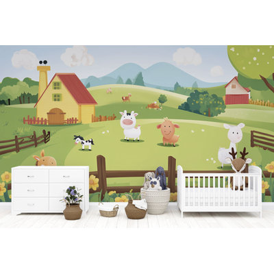 Papier peint coloré de parade de tracteurs avec trois tracteurs de ferme sur une route de campagne, une pièce murale sur le thème du véhicule, un garage pour enfants ou un décor de chambre de bébé