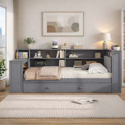 Lit de jour double avec lit gigogne et bureau, tête de lit tapissier, tablettes de rangement avec station de charge et DEL, contemporain