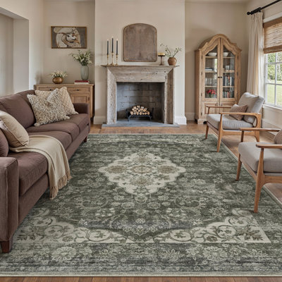 Vintage Medallion Machine Washable Area Rug With Non-Slip Backing