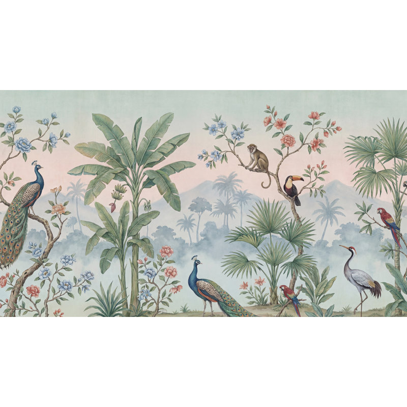 Papier peint oiseaux tropicaux de style jungle tropicale, 100 po x 96 po, Peler et coller