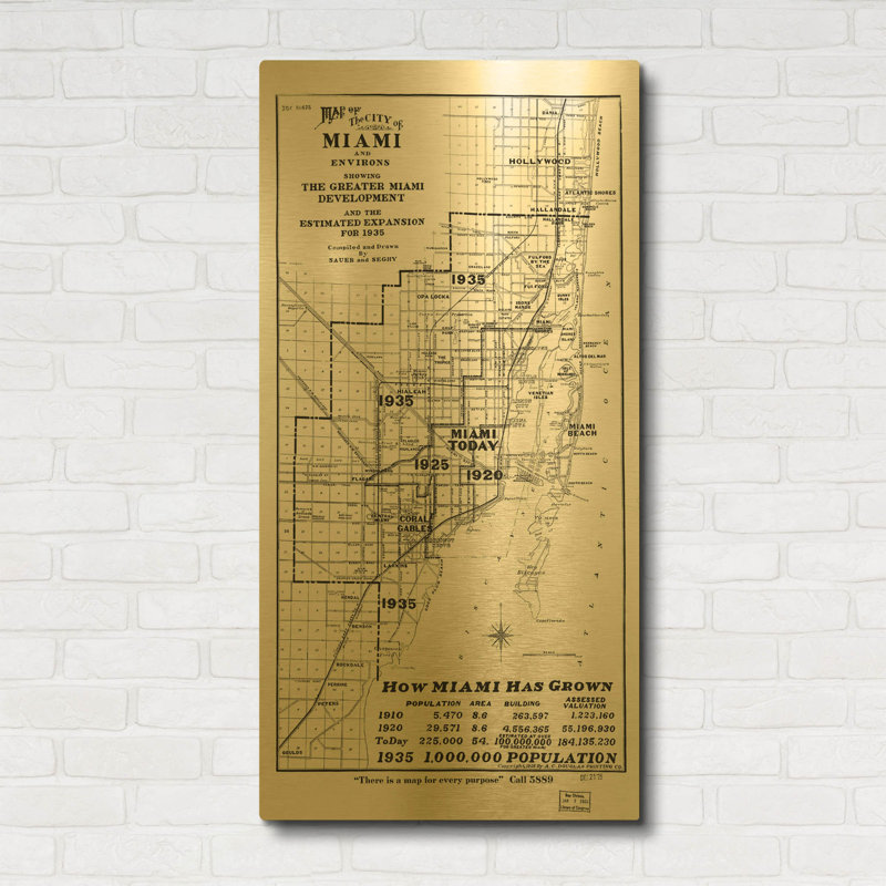 Carte de Miami 1925, par Historical Portfolio, tableau mural en métal doré, 61 x 122 cm, 24 po x 48 po