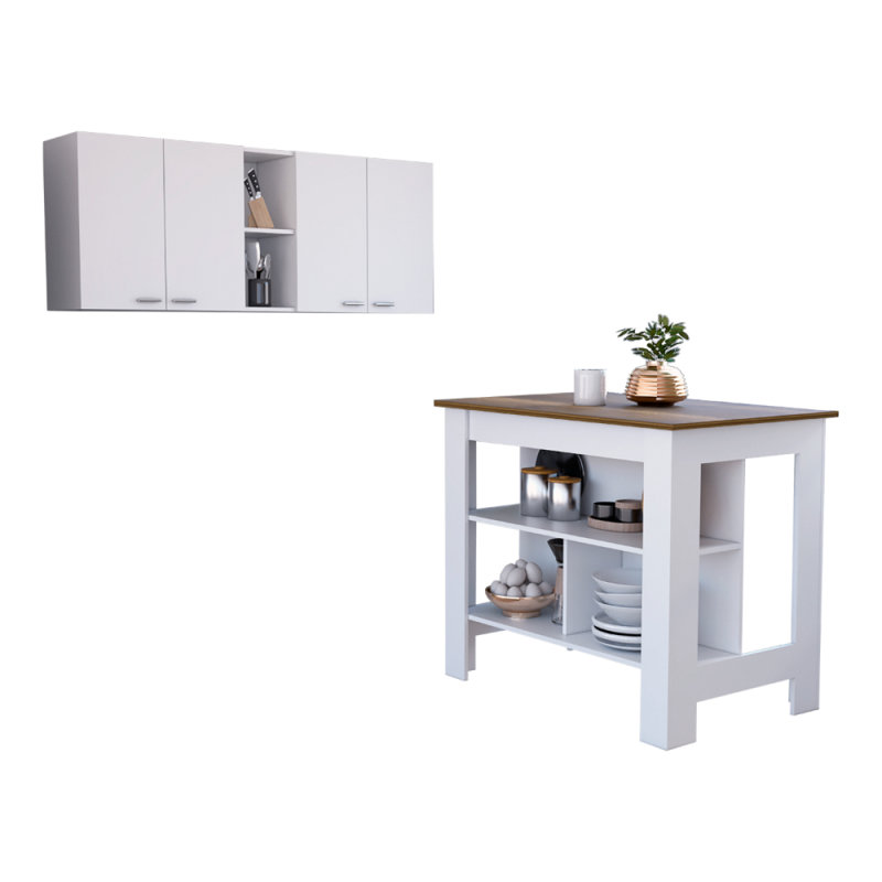 Sierra 7-Shelf 4-Door 2-Piece Kitchen Set, Upper Wall Cabinet And Kitchen Island White, Brown/White