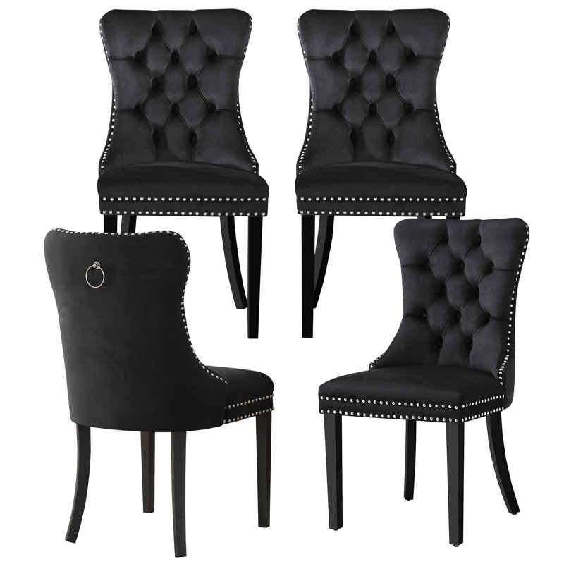 High-End Tufted Dining Chair Set, Velvet Upholstery With Nailhead Trim And Back Pull Ring, Solid Wood Legs, 4, Black