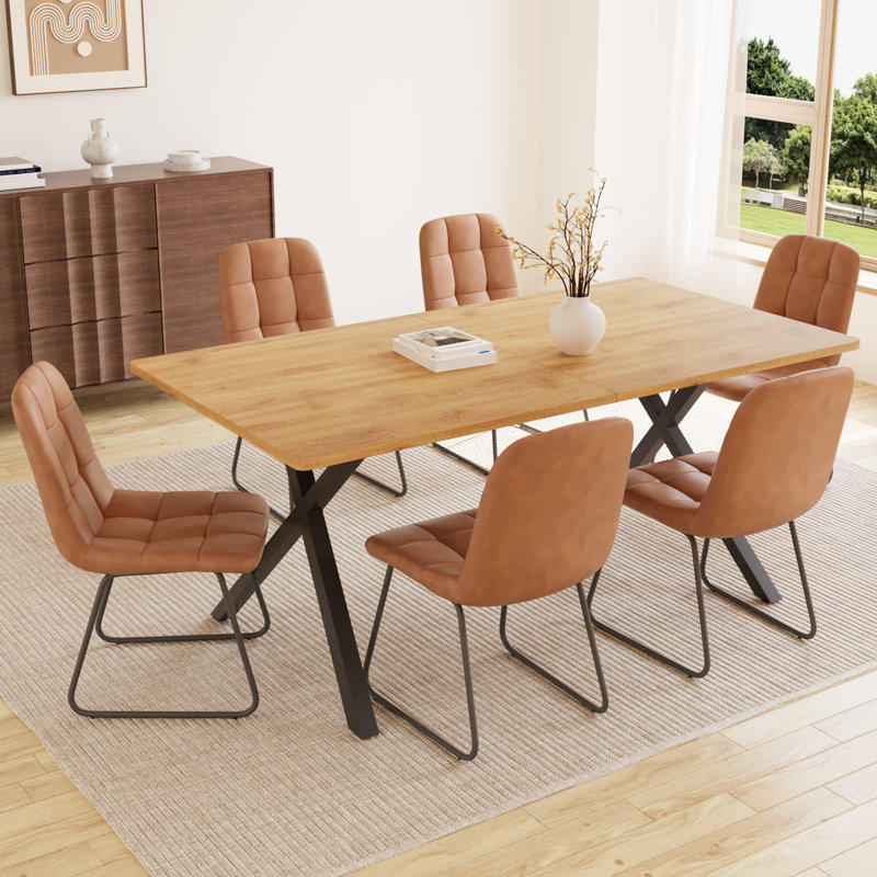 Costner 63" Modern Oak Dining Table Set For Small Spaces, 7-Piece Set With Rectangular Table & 6 Padded Leather Chairs, Compact, Sturdy & Easy To Assemble