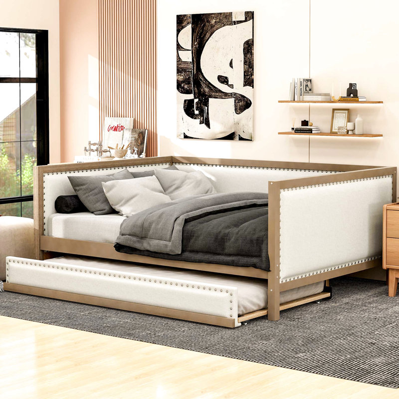 Full Upholstered Daybed With Trundle, Linen, Wood Frame Size & Linen Upholstery