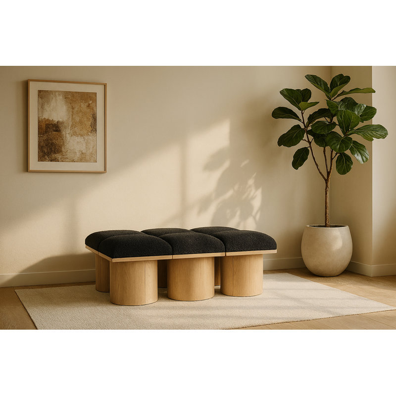 Banc rembourré Horatia, Tissu brun bouclé, Naturel, H 17,5 po x l 46,5 po x P 36 po